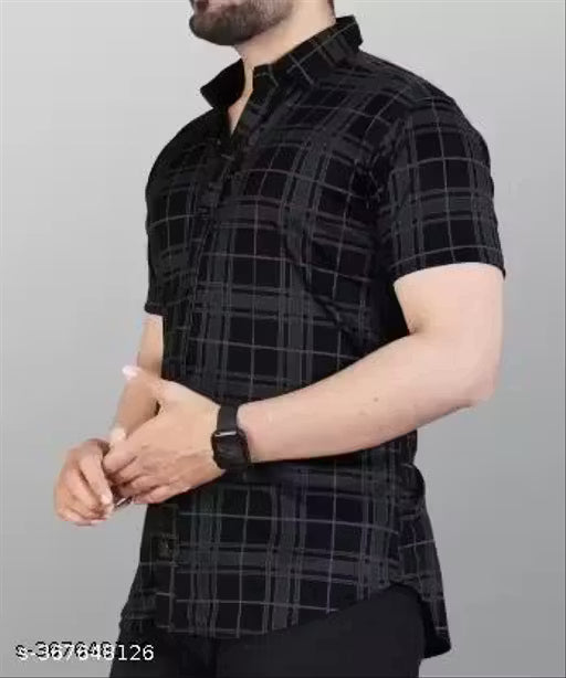 STI Men's Checked Regular Spread Collar Black Shirt