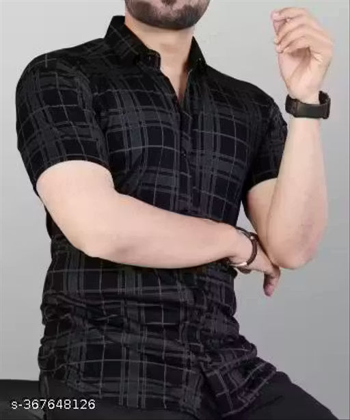 STI Men's Checked Regular Spread Collar Black Shirt